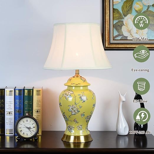 WISHVYQ Traditional Asian Chinese Yellow Ceramic Table Lamp 25.2" High Hand Painted Floral Ceramic Blue White Ginger Jar Desk Nightstand Lamp for Living Room Bedroom House photo 2