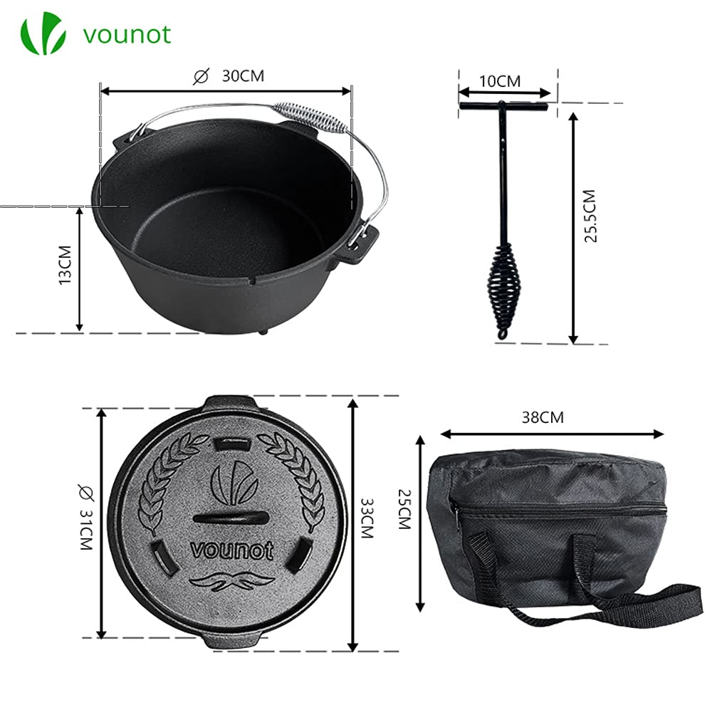 VOUNOT Dutch Oven Set 9 litrów, pieczony żeliwny garnek na ognisko ogrodowe, z nóżkami, pokrywką, podnośnikiem pokrywki i torbą do przenoszenia
