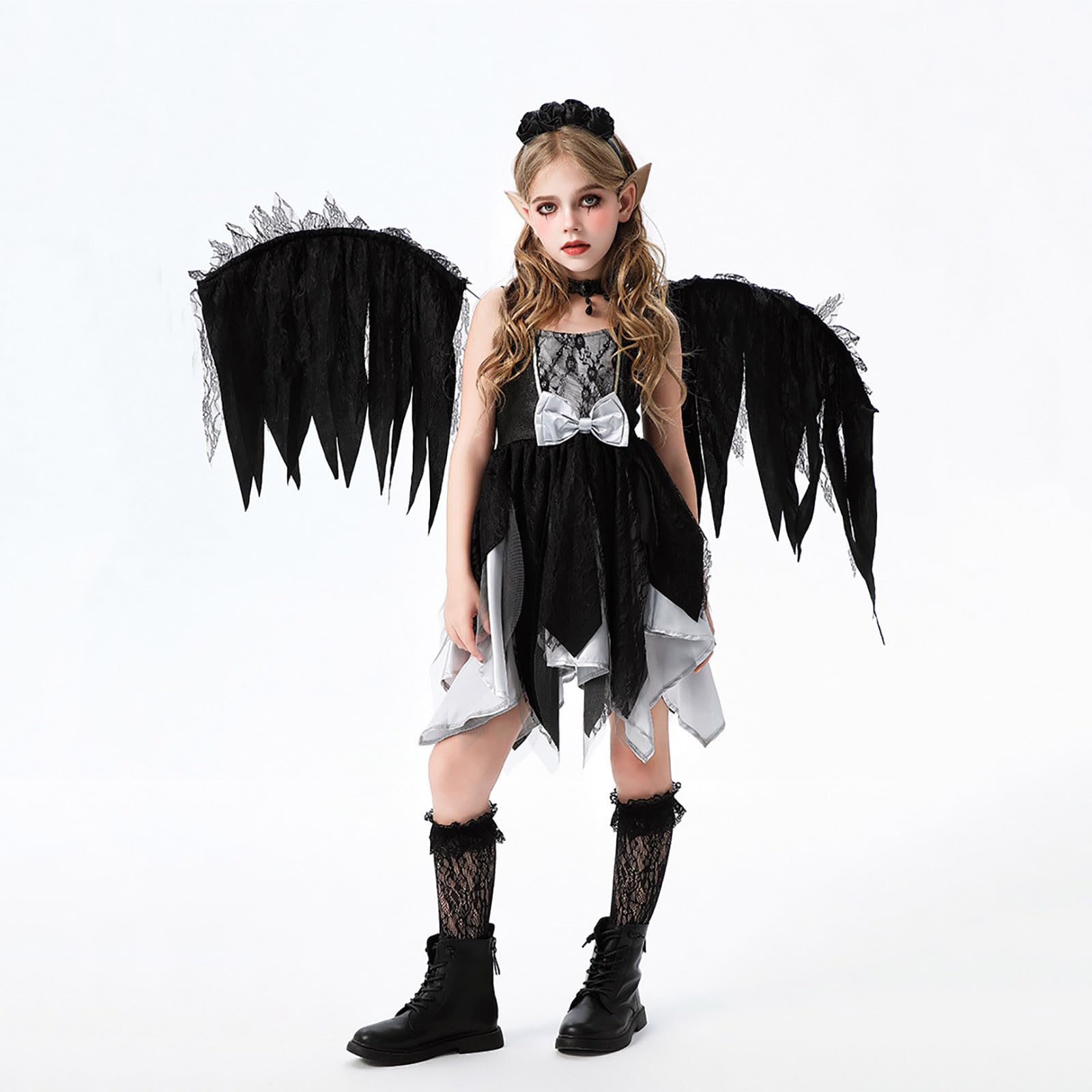 Generisch Vestito di Halloween da ragazza, con angelo nero, per feste, a tema animale, per bambini, per feste di carnevale, adatto per bambini dai 3 ai 12 anni