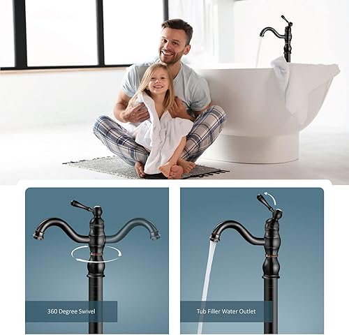 Miniatura 3 de Aolemi Grifo de bañera independiente de bronce aceitado con boquilla giratoria de una sola palanca montada en el piso Llenadora de bañera de una