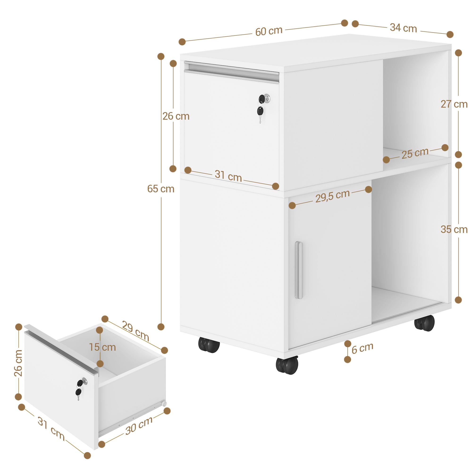 Hzuaneri Rollcontainer 34 x 60 x 70 cm Schubladen Türen weiß