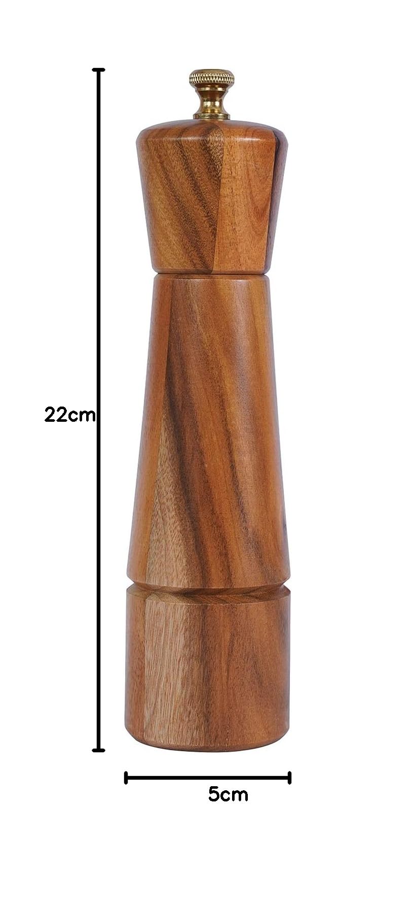 Macina Pepe, Macinapepe Regolabile in Acciaio Inossidabile, Legno di Acacia, Altezza 22 cm, Diametro Inferiore: 5,5 cm, Diametro Superiore: 5 cm (il Vassoio NON é incluso)