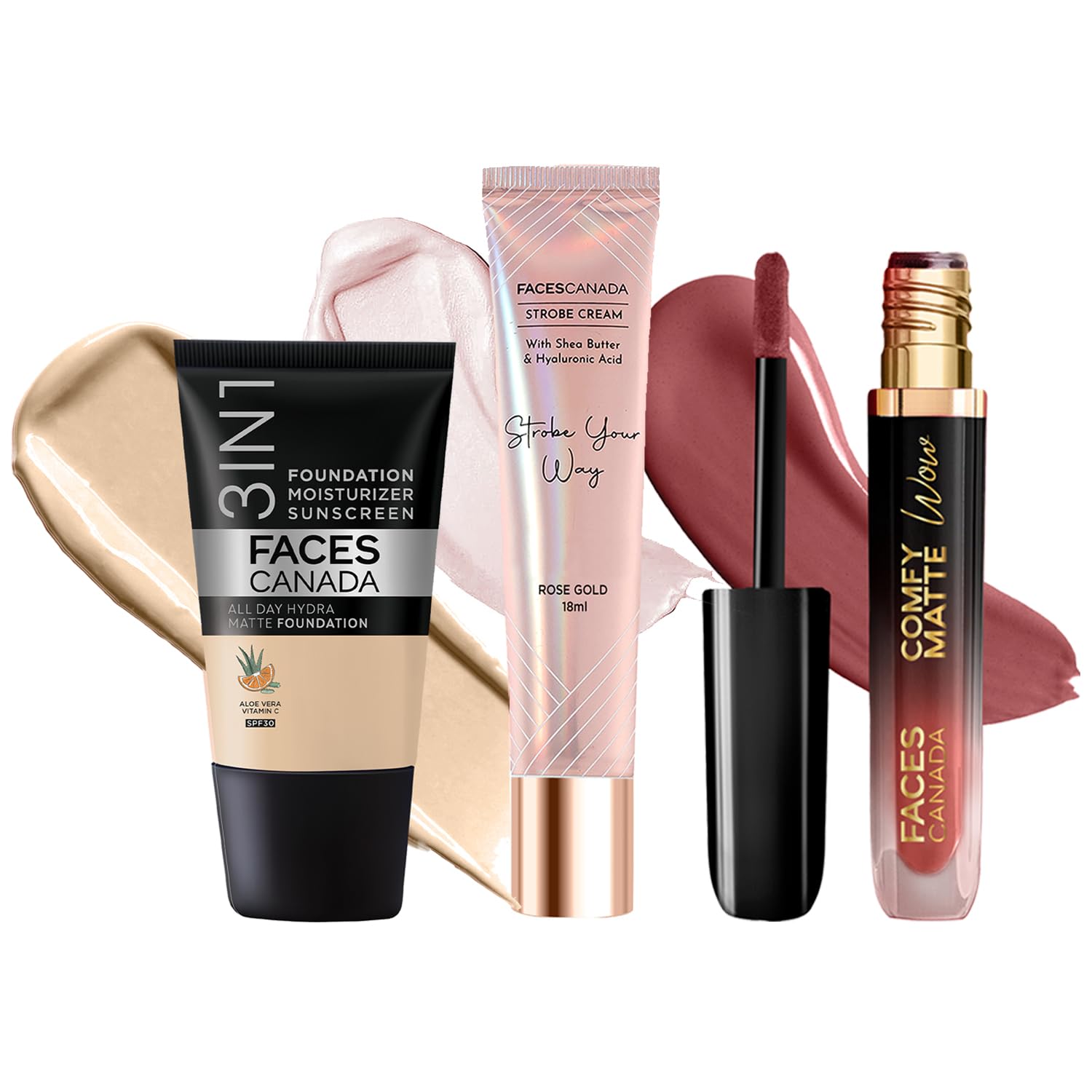 FACES CANADA Celeb Glow Combo | Strobe Cream - Rose Gold, 18ml + Hydra Matte Foundation - Absolute Ivory, 18ml + Comfy Matte Wow - Choco Couture, 3.8ml | Highlighter | Highly Pigmented | Pack of 3