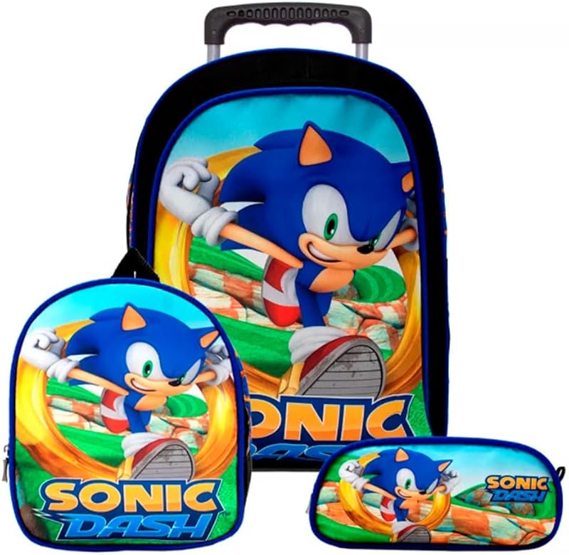 Kit Mochila Escolar Infantil Sonic Com Rodinhas em oferta na Shopee