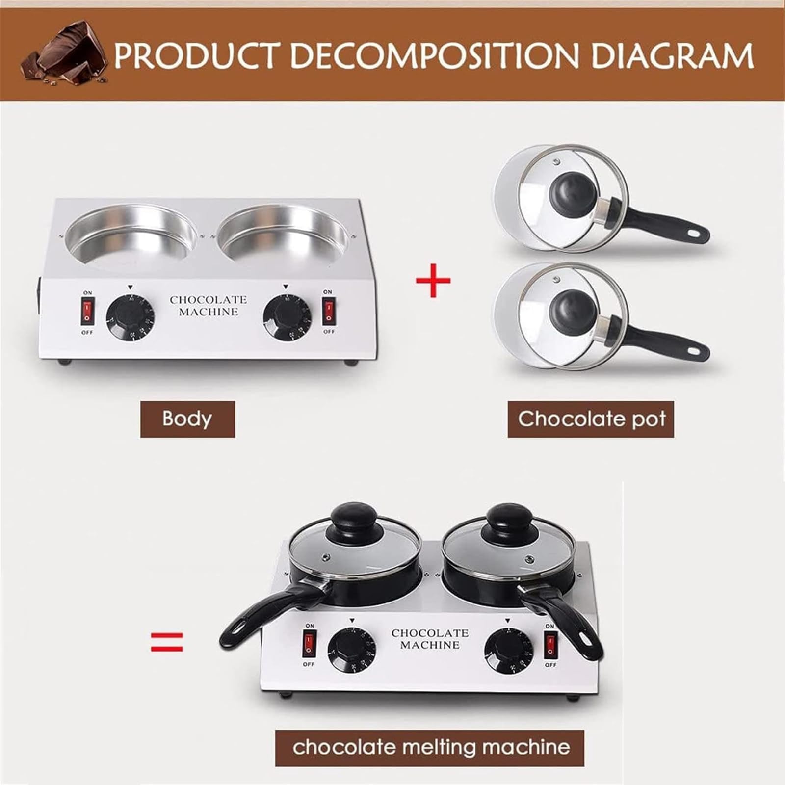 Pot À Chocolat 80W avec Double Pot, Machine À Tempérer Le Chocolat Antiadhésive avec 30~85 °C, Machine À Fondre Électrique Réglable pour Faire du Chocolat – 4 Outils De Cuisson