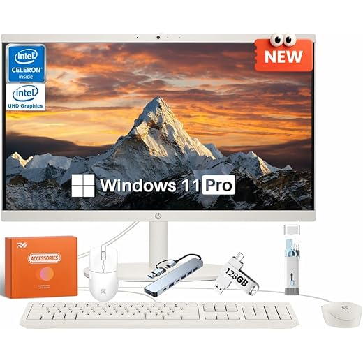 HP All in one Desktop PC for Home, 21.5" FHD Display, 16 GB RAM, 512 GB SSD, Intel Celeron J4025(2.90 GHz), Intel UHD Graphics 600, Webcam, Wi-Fi 6, Bluetooth, HDMI, Windows 11 Pro, Wired KB & Mouse