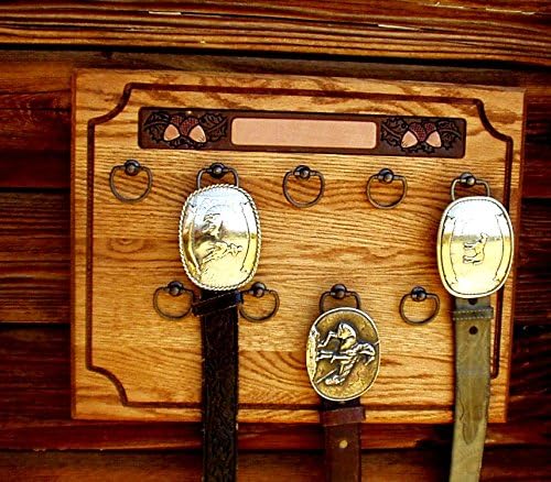 TROPHY BUCKLE BELT RACK IX (9) RING OAK DISPLAY PLAQUE (FOUND 2 NOS OAKS)