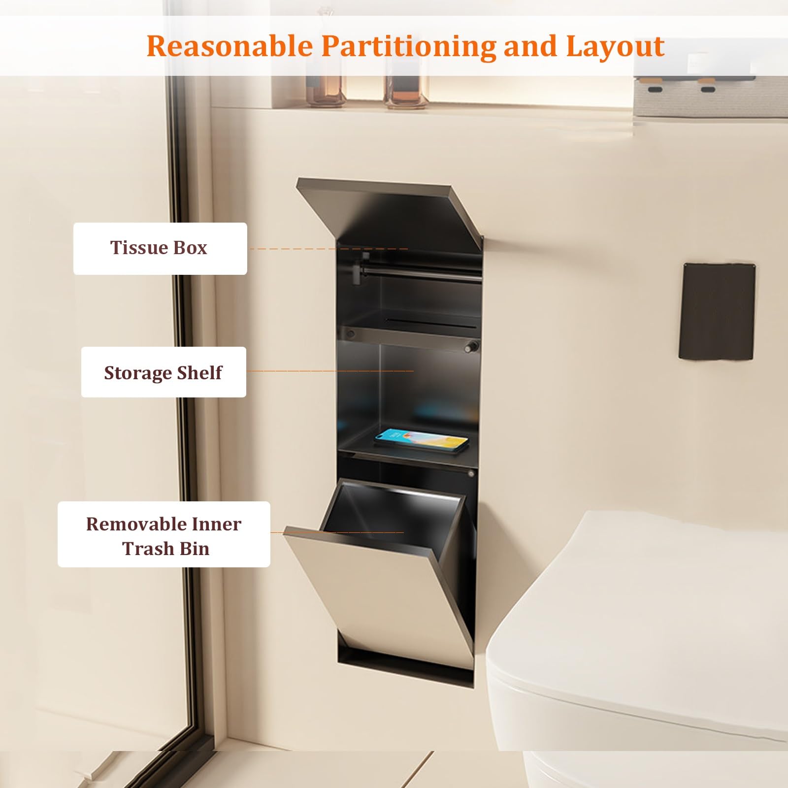 Armadietto da bagno da incasso con pattumiera nascosta, design in acciaio inox per rinnovamento moderno