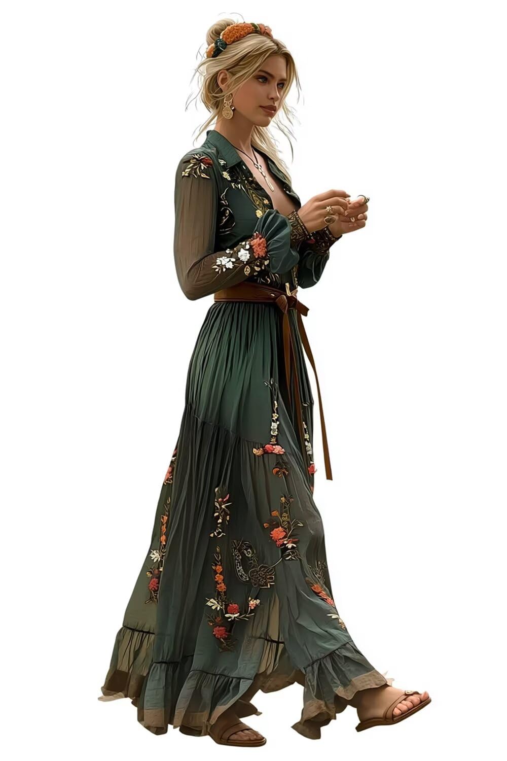 Women's Vintage Pastoral Flower Long Dress Long Sleeve Western Dress Fall Casual Maxi Dresses