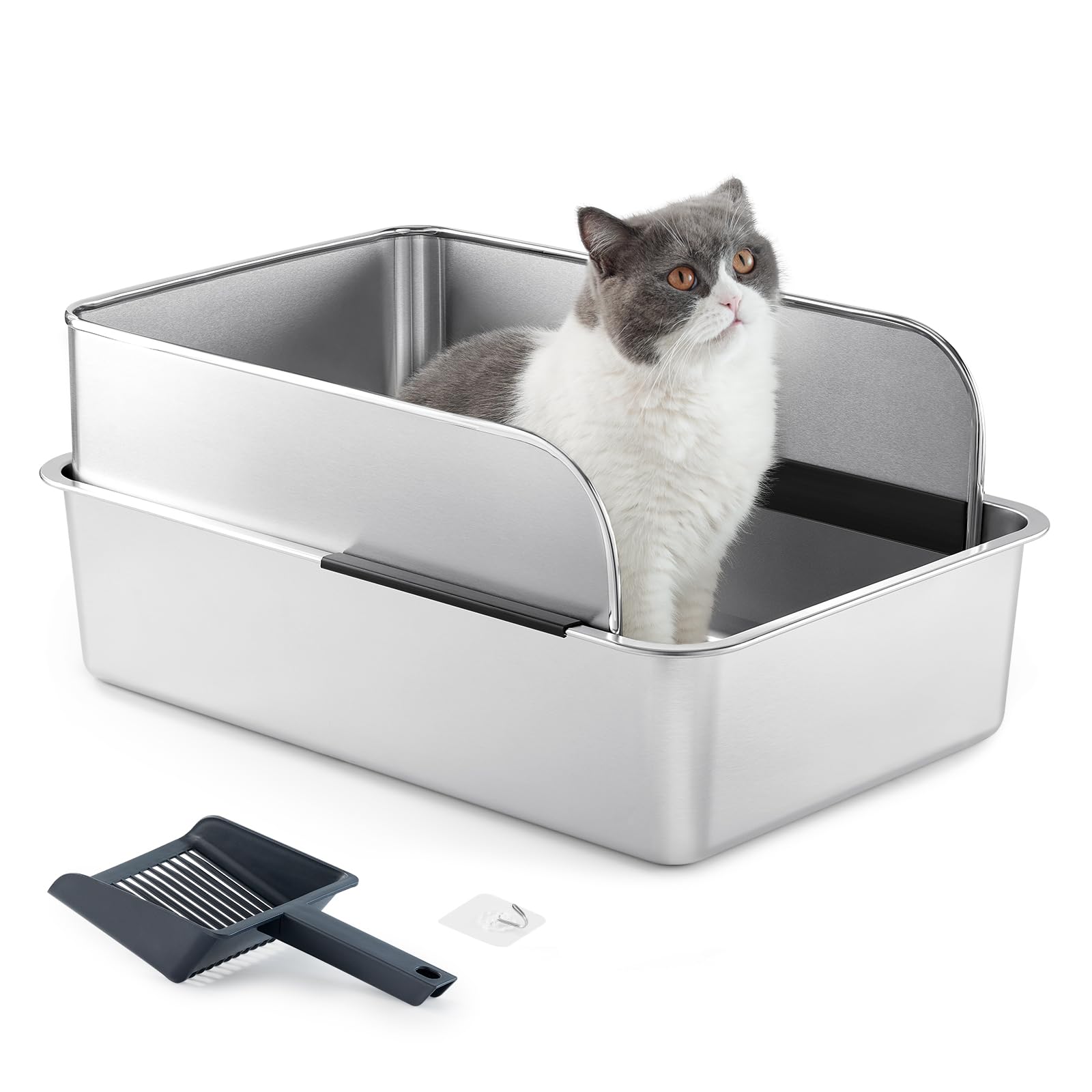 Yangbaga Edelstahl Katzenklo XXL mit Katzenstreuschaufel,Offenes Katzentoilette mit Hohem Rand,Geruchsfreie,Auslaufsicher,Griff Freundlich,60x40x30cm