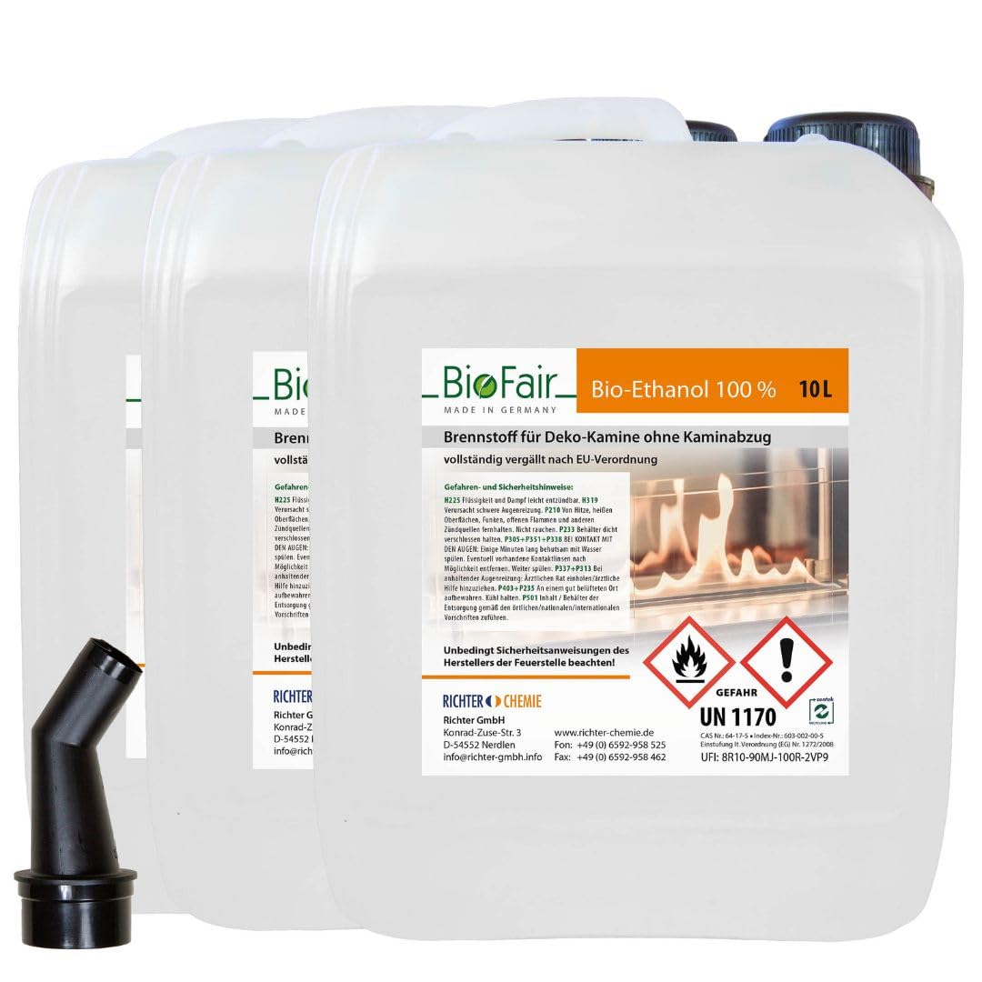 30 Liter Bioethanol 100% in geprüfter Premium Qualität für Ethanol-Kamin, Tischkamin Indoor/Outdoor | 30L (3 x 10L Kanister)