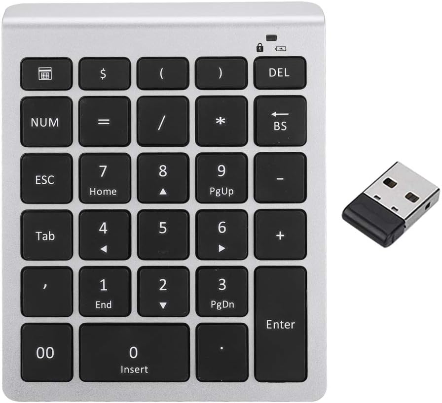 Teclas Numéricas Inalámbricas, Teclado Numérico Teclado Numérico 28 Teclas Teclado Numérico Extensiones De Teclado Teclado Numérico De Contabilidad Financiera Portátil De 2,4 GHz para(Plata)