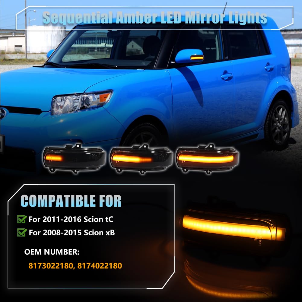 VANKUB Sequential LED Side Mirror Turn Signal Lights for 2011-2016 Scion tC, 2008-2015 Scion xB, Smoked Lens Side Marker Blinker Mirror Light, Amber Dynamic Turn Signal Lamp, 2 PCS