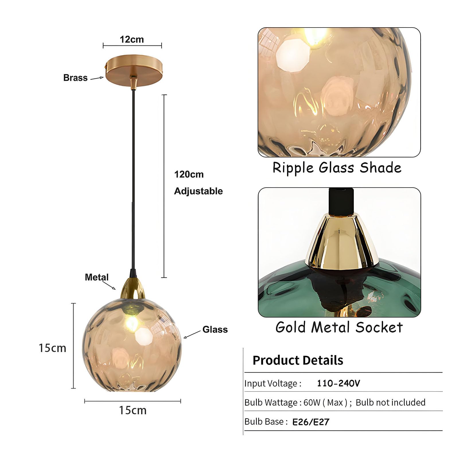 XIRYTU-H 15cm/5.9’’ Industrial Vintage Spherical Glass Pendant Light, E27 Ceiling Hanging Lamp - Image 2