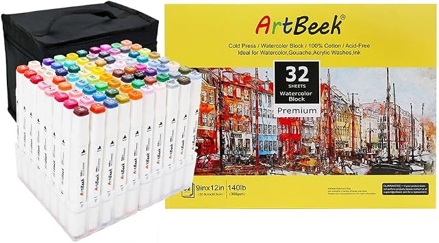 ArtBeek 80 Colors Alcohol Markers Set Watercolor Paper Block 9" x 12"