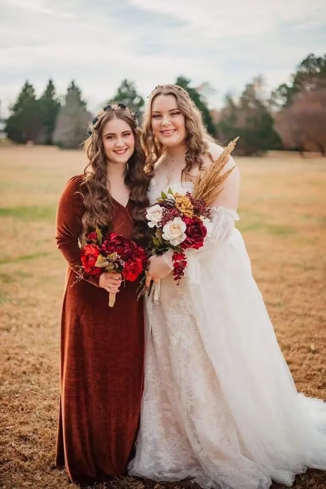 UZN Women's Long Sleeve V-Neck Bridesmaid Dresses with Slit Maxi Velvet for Wedding Formal Party Gowns - Image 4