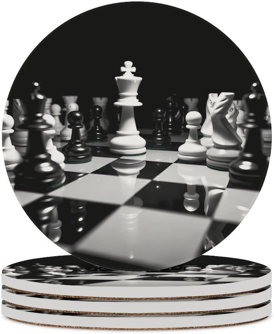 6PCS Black and White Chess Coasters Non-Slip Round Drink Coasters with Ceramic Stone and Cork Base, Heat Resistant Absorbent 33.00Stone Coaster Set for Kinds of Mugs and Cups, 4 Inch