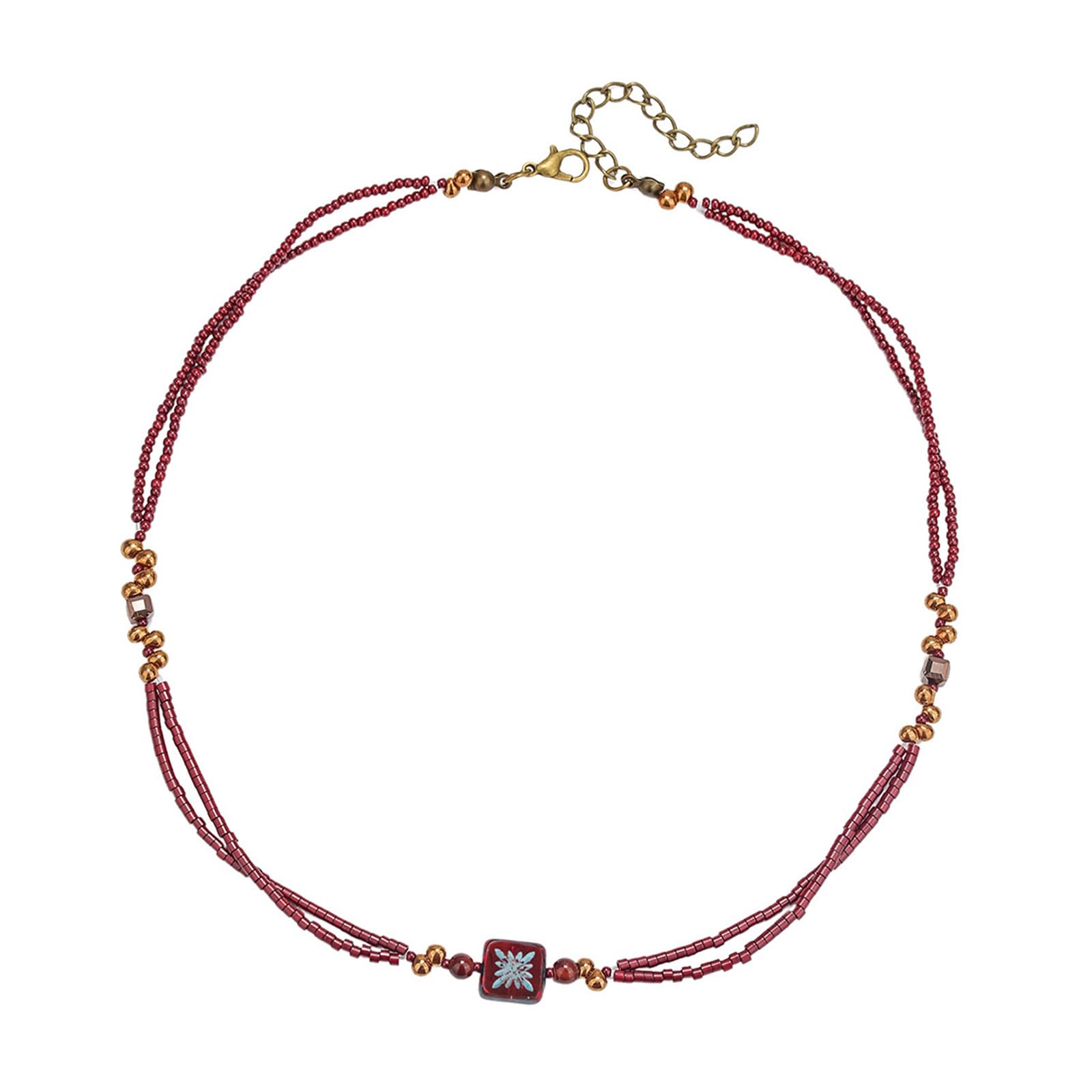 fexxkg Double Layer Brown Beaded Necklace With Geometric Pendant Unique Design Collarbone Chain For Women Fashion Jewelry