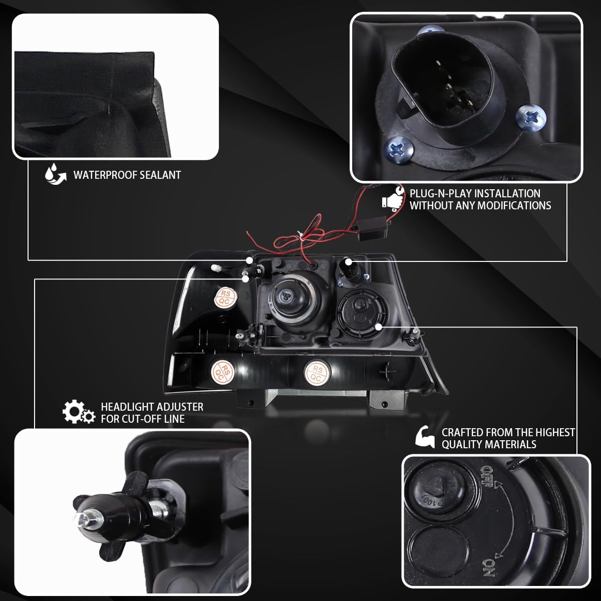 Autozensation Compatible with 1998-2000 Ford Ranger Black Smoke Halo Projector Headlights + Corner Signal Lights L + R Pair