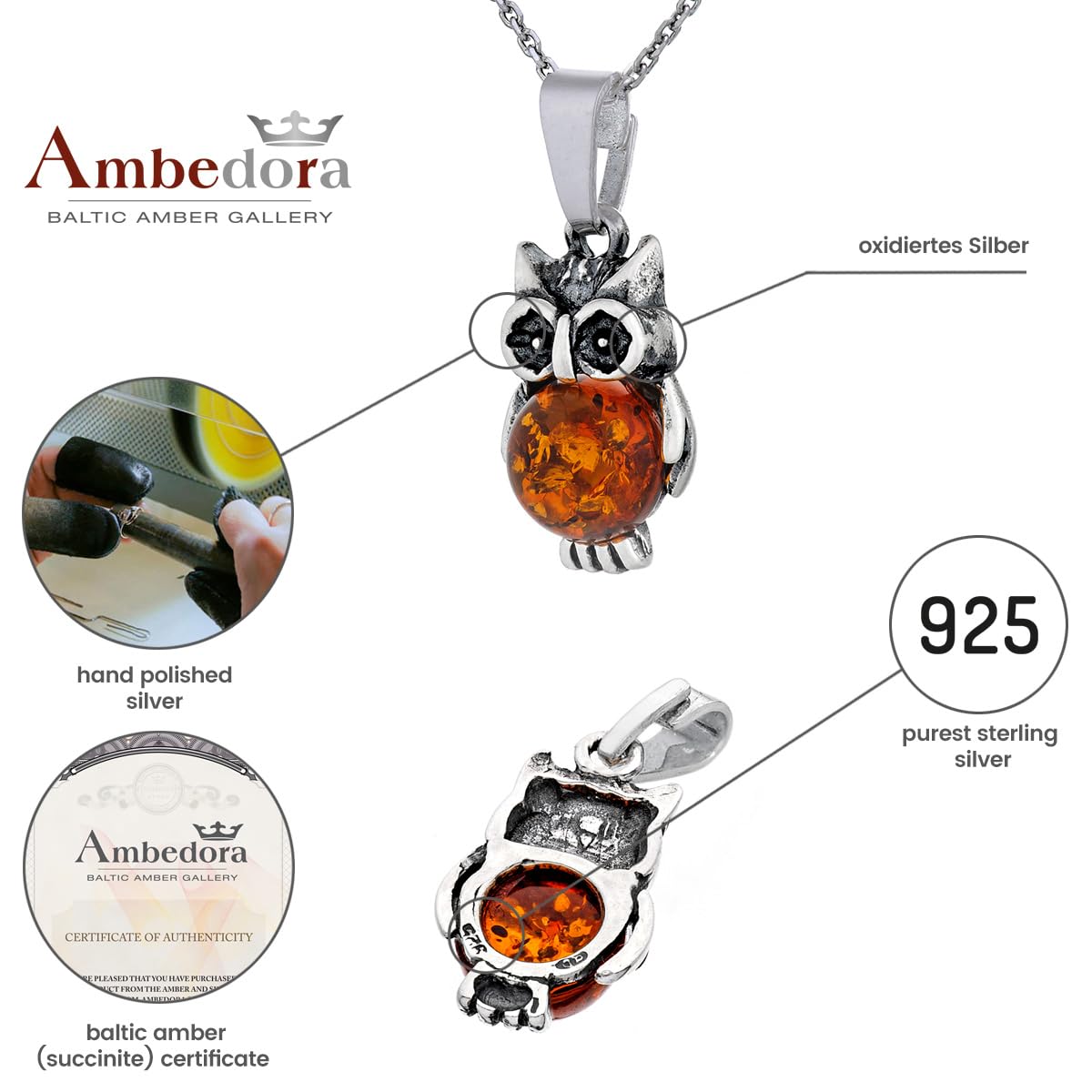 Collana da donna con ambra baltica color cognac, argento 925 ossidato, ciondolo XVI Gufo piccolo con catena, Set regalo