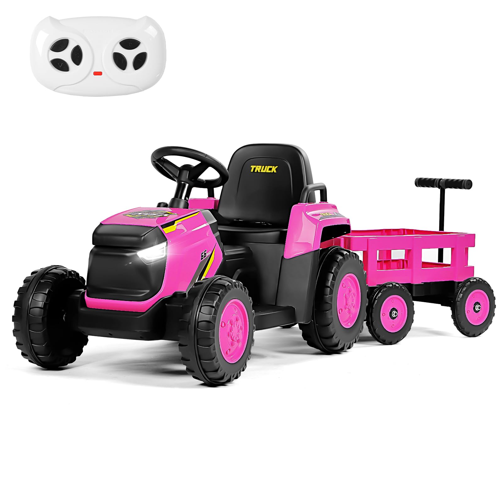 Electric Tractor and Trailer for Kids, 12V Ride on Cars with Remote Control, LED Lights, USB & Bluetooth Music and Horn, Battery Powered Ride-ons Tractor for Boy, Girls Age 3+ (Pink)