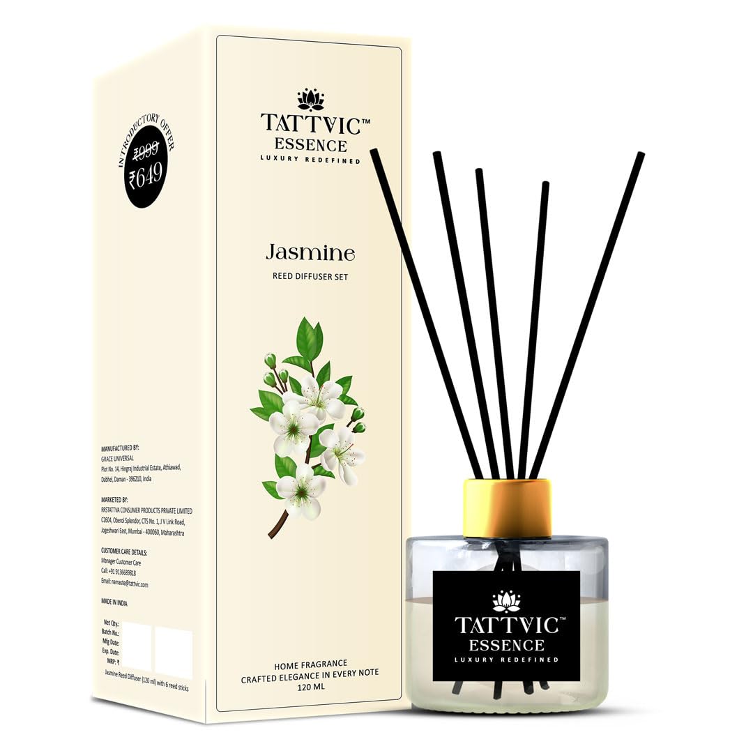 Tattvic Essence Jasmine Reed Diffuser Set | Free 6 Fibre Reed Sticks | Natural Home Fragrance | Toxin Free, Helps Relax, Long Lasting | Smoke Less Room Freshener for Bedroom, Office | 120ml