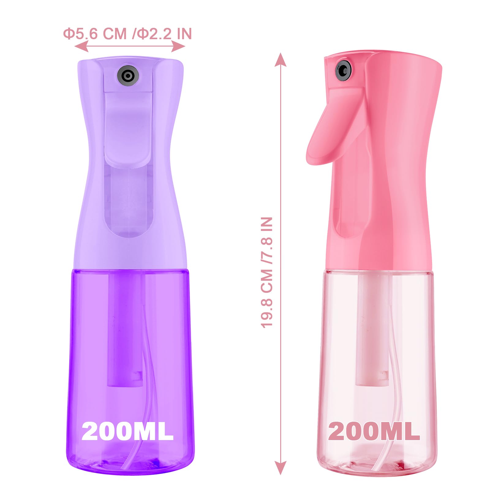 LOPHE Pulverizador Agua Peluquería, 2pcs 200ml Botella de Spray a Presión, Atomizador Recargable, Fina Niebla Continuo, Pulverizadora de Plástico para Limpieza, Mascotas y Plantas (Rosa+Púrpura)