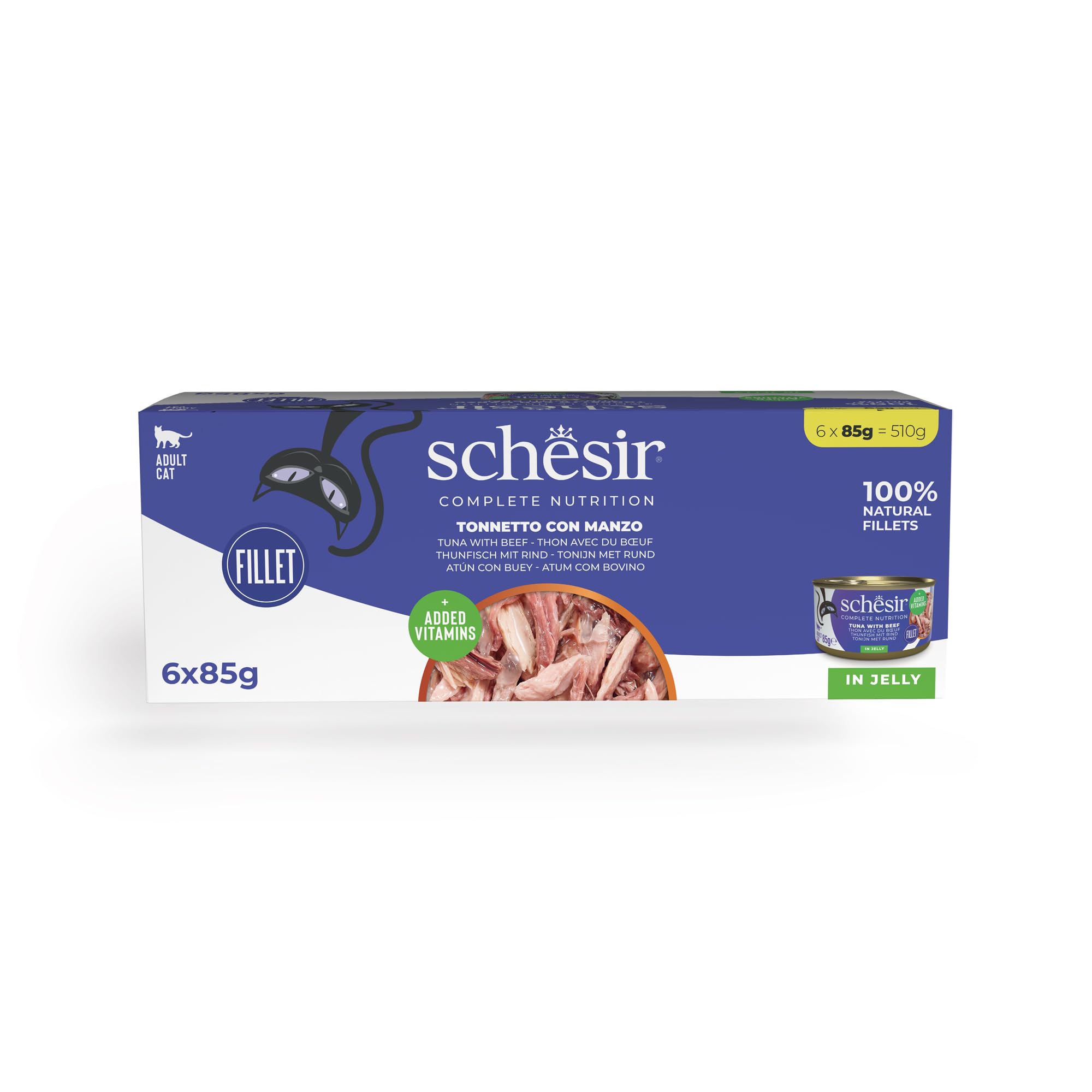 Schesir Tuna with Beef Gelatin, Complete Wet Cat Food in Cans, 100% Natural, with Added Vitamins, 6 x 85 g