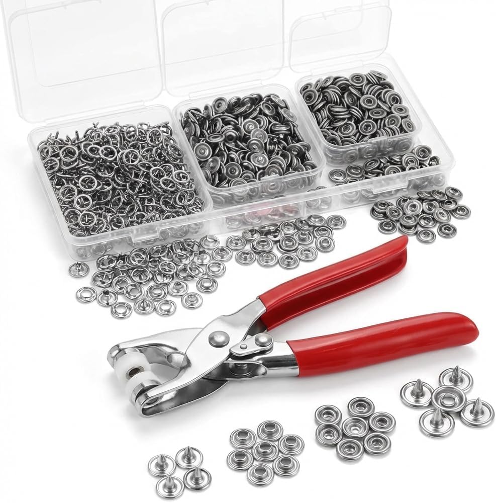 200 Sets Poppers Fasteners Kit, 9.5mm Press Stud Kit with Fastener Pliers, Press Studs Metal Snap Fasteners No Sewing, Poppers Fasteners Kit for Clothing,Bags,DIY Crafts