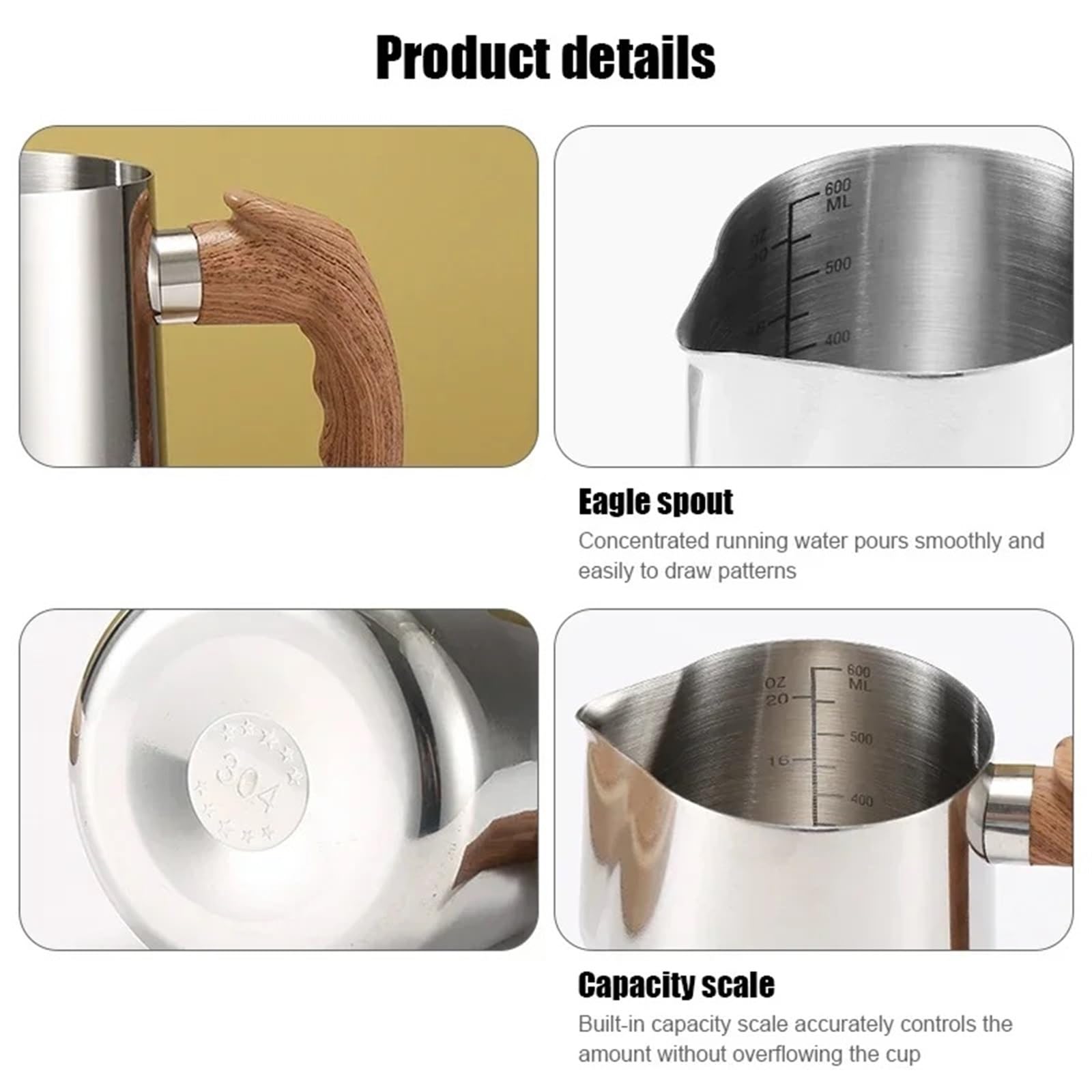 Jarra de espuma café con leche acero inoxidable mango madera a escala, boquilla águila, accesorios for, cocina y cafetería, 2 uds Para Espumar(Beige)