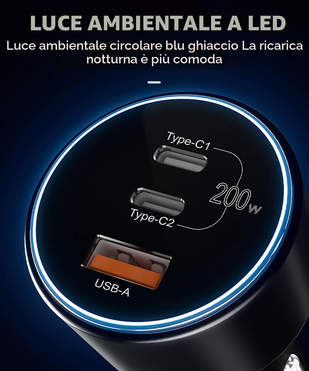Caricatore Auto USB C da 200W, Caricabatteria Auto Accendisigari 12V-24V da 3 Porte con Cavo 100W, Compatibile con iPhone 16/15/14, Samsung Galaxy S24/23, Xiaomi, MacBook, iPad Pro, Air Mini