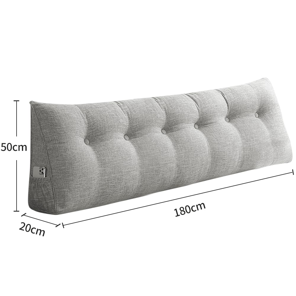 OHMG Cuscino per schienale, cuscino con zeppa adatto per letto e divano, cuscini di lettura e lombare, cuscini con collo rimovibile e fodera lavabile, pratica tasca laterale (grigio chiaro, 180 x 50 x