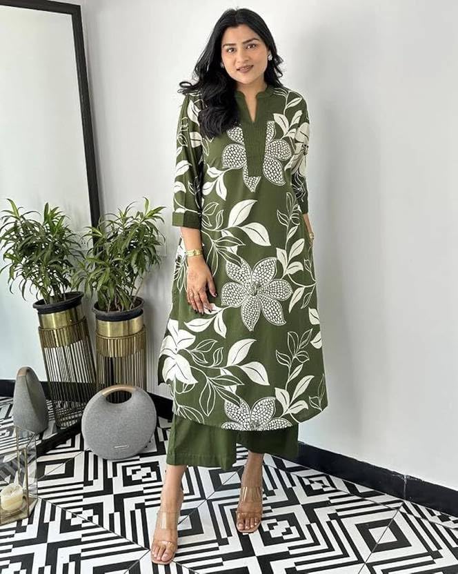 Image of MEERA FAB Women's Pure Cotton Printed Ethnic Wear Straight Kurta Set with Palazzo Pants