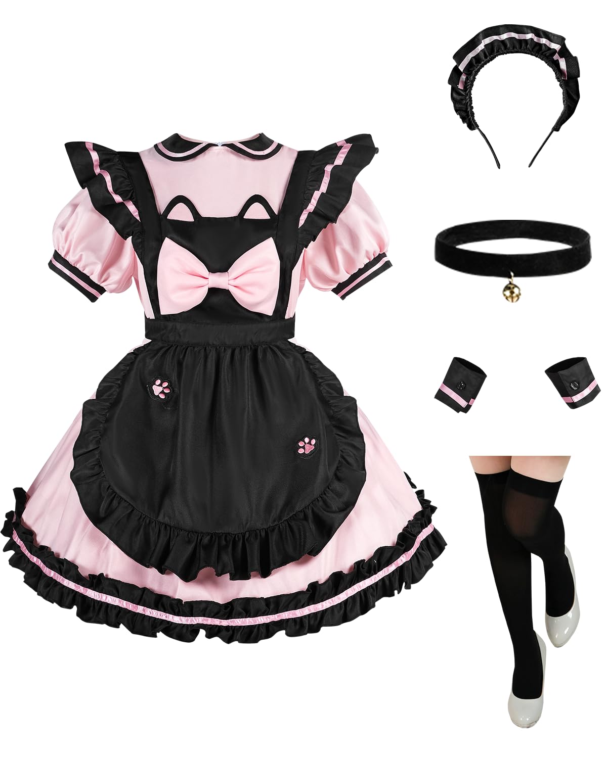 CR ROLECOS Maid Outfit Women Pink Cat Ear Lolita Dress Anime Cosplay Costume Halloween Maid Costume Set S — image 1