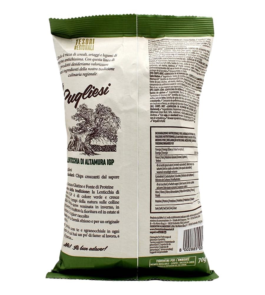Fiorentini Tesori Regionali Pugliesi Chips con Lenticchia di Altamura, Senza Glutine (Gluten Free) 70g [CAIYA® BOX da 8 Confezioni]