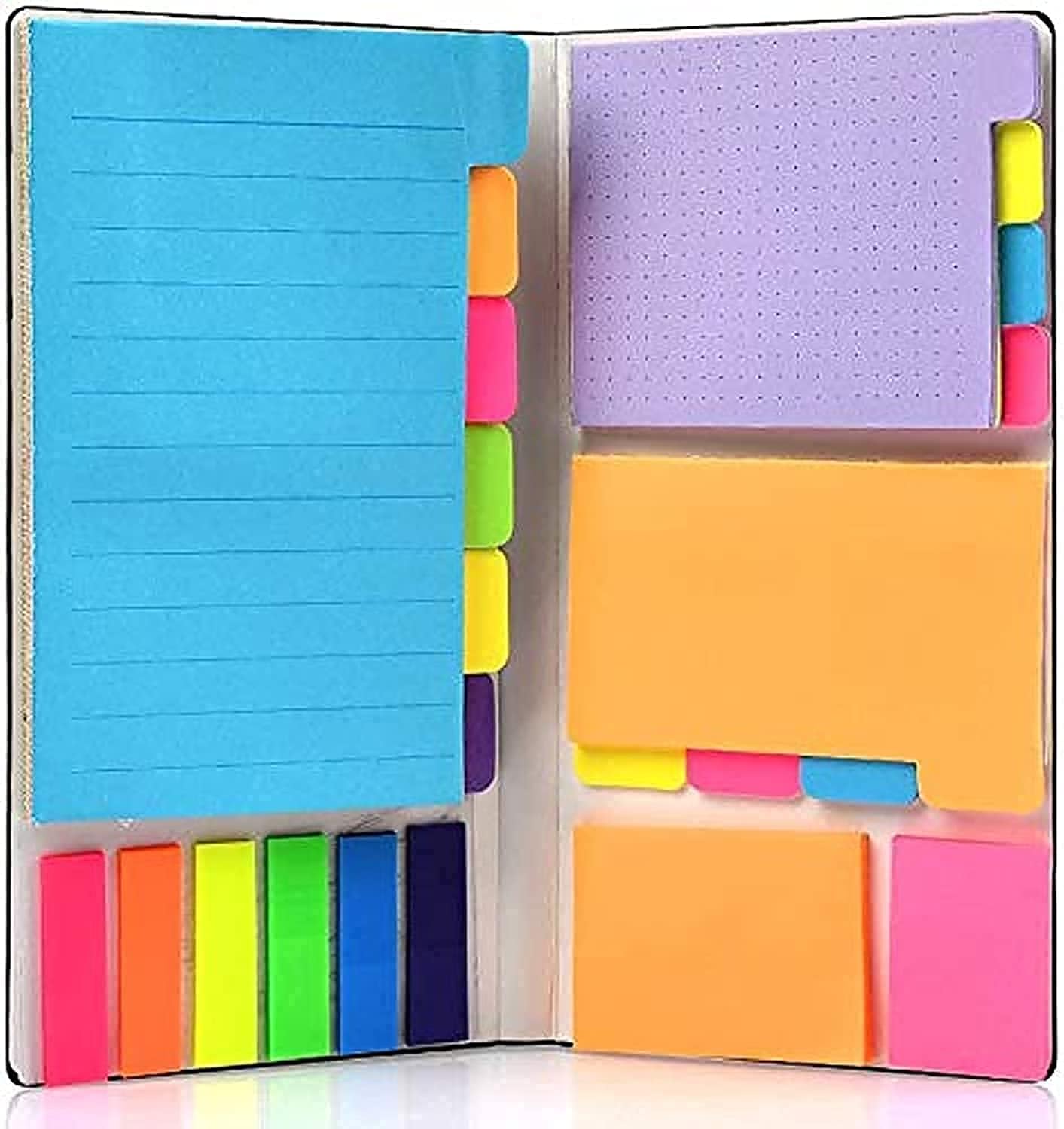 Super Sticky Notes - Super Glue, Bookmark, Prioritize and Set Goals with Color Coding, 60 Ruled (4x6), 48 Dotted (3.8x3), 42 Blank (3.5x2.6), 42 Orange and Pink (1.8×2.4), 25 per PET Color