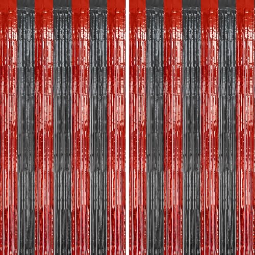 DECOCKRAT 2 Pack Foil Fringe Backdrop - Red&Black Shiny Tinsel Curtains for Party Decoration/Photo Booth Props - 3.3x6.6 FT Metallic Foil Backdrop for Birthday, Wedding, Graduation, Christmas.