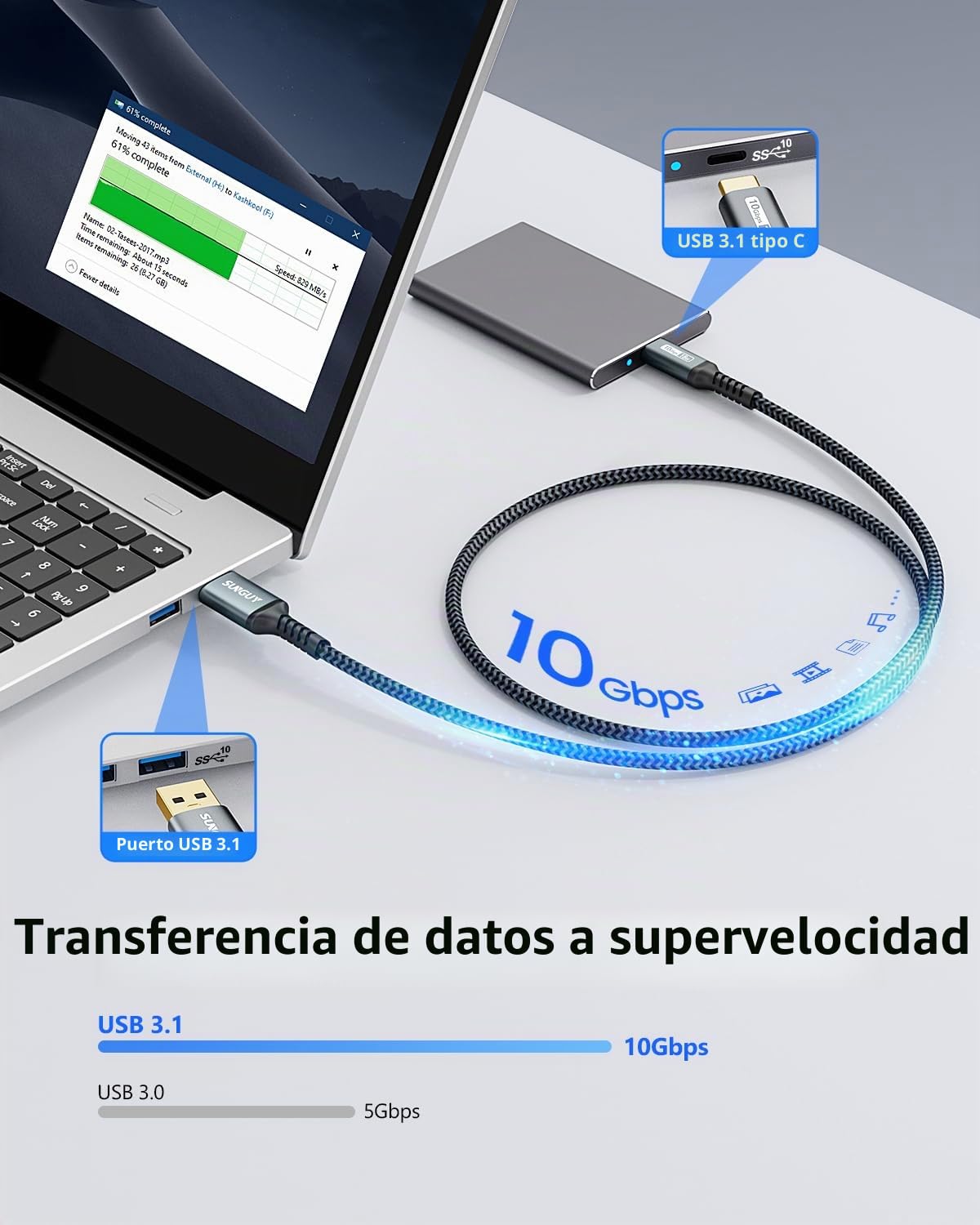 SUNGUY USB Tipo C a USB 3.1 Gen 2 Cable 10Gbps Cable de Datos y cable de Carga Rápida 3A Compatible con iPhone 17/16/15, Galaxy S21, SSD, Android Auto, Pixel 8-0.3m, Gris, 1paquete