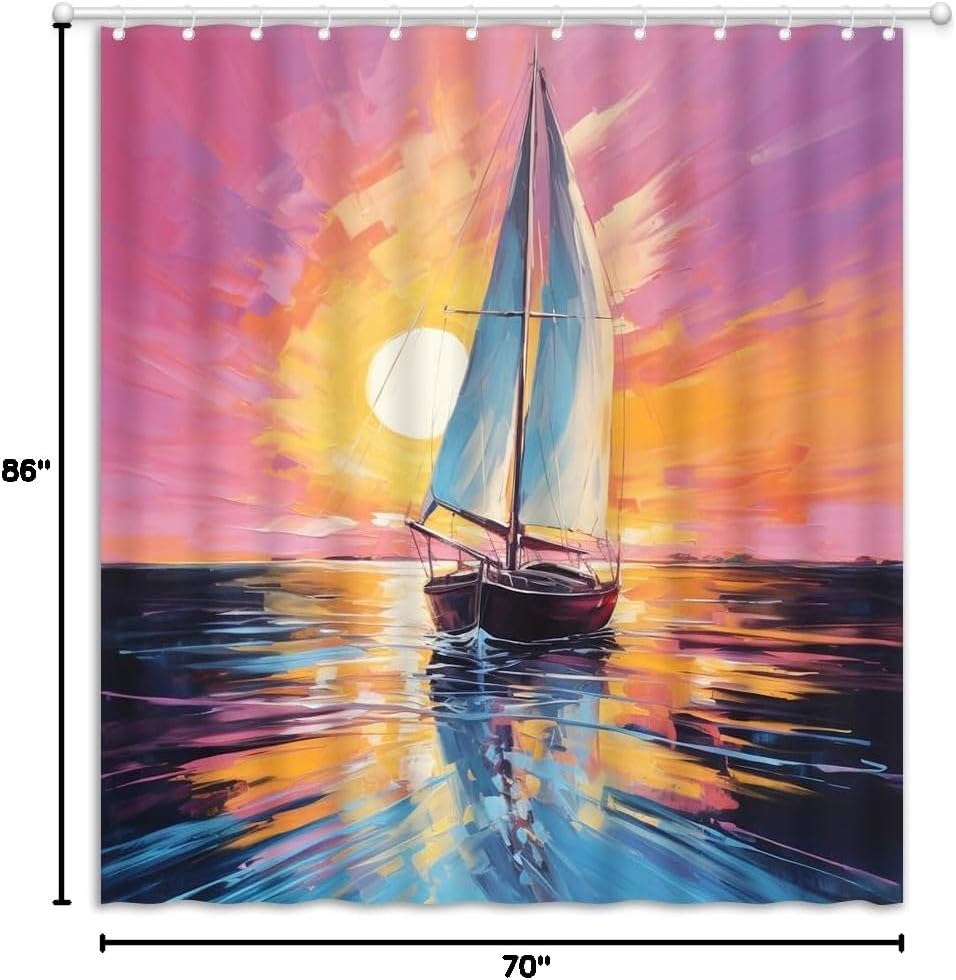 Nautical Shower Curtain Oil Painting Style Ocean Sailboat Sunrise Abstract Aesthetic Fabric Bathroom Curtain with Hooks
