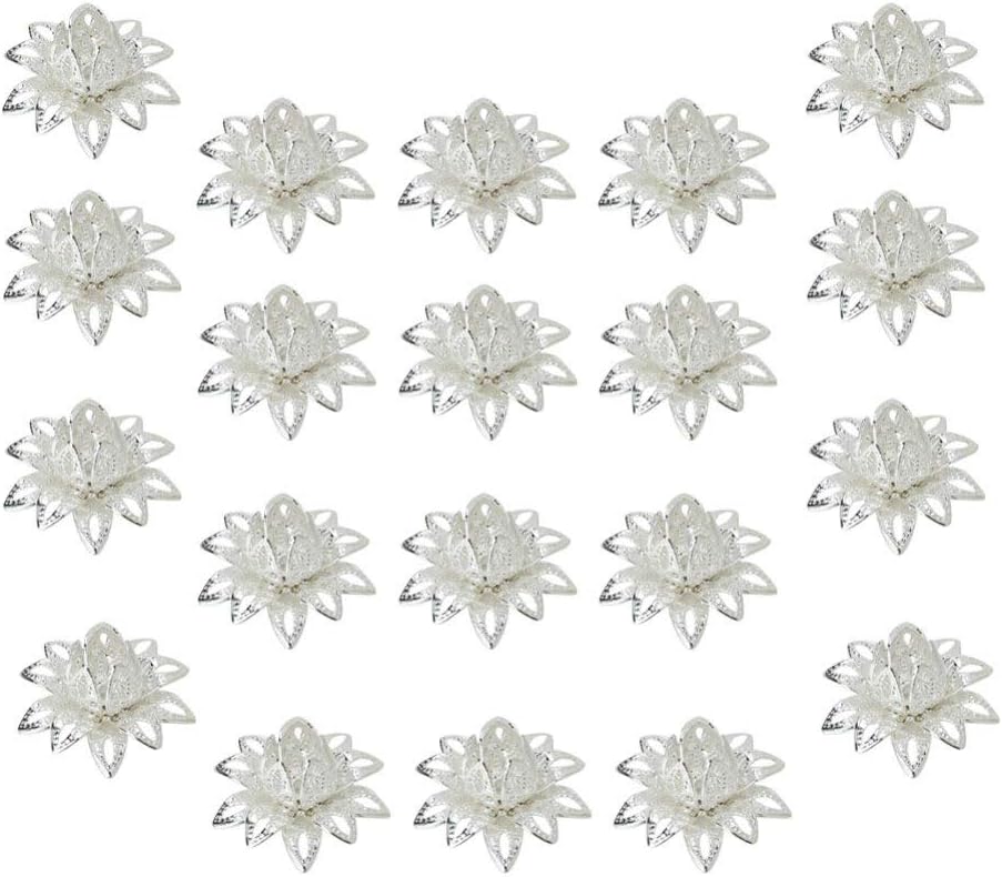 SUPVOX 20Pcs Lotus Flower Bead Caps Silver Filigree End Caps for Jewelry Making Necklace Bracelet Accessories 0.62 Inch Copper Holder - Image 7