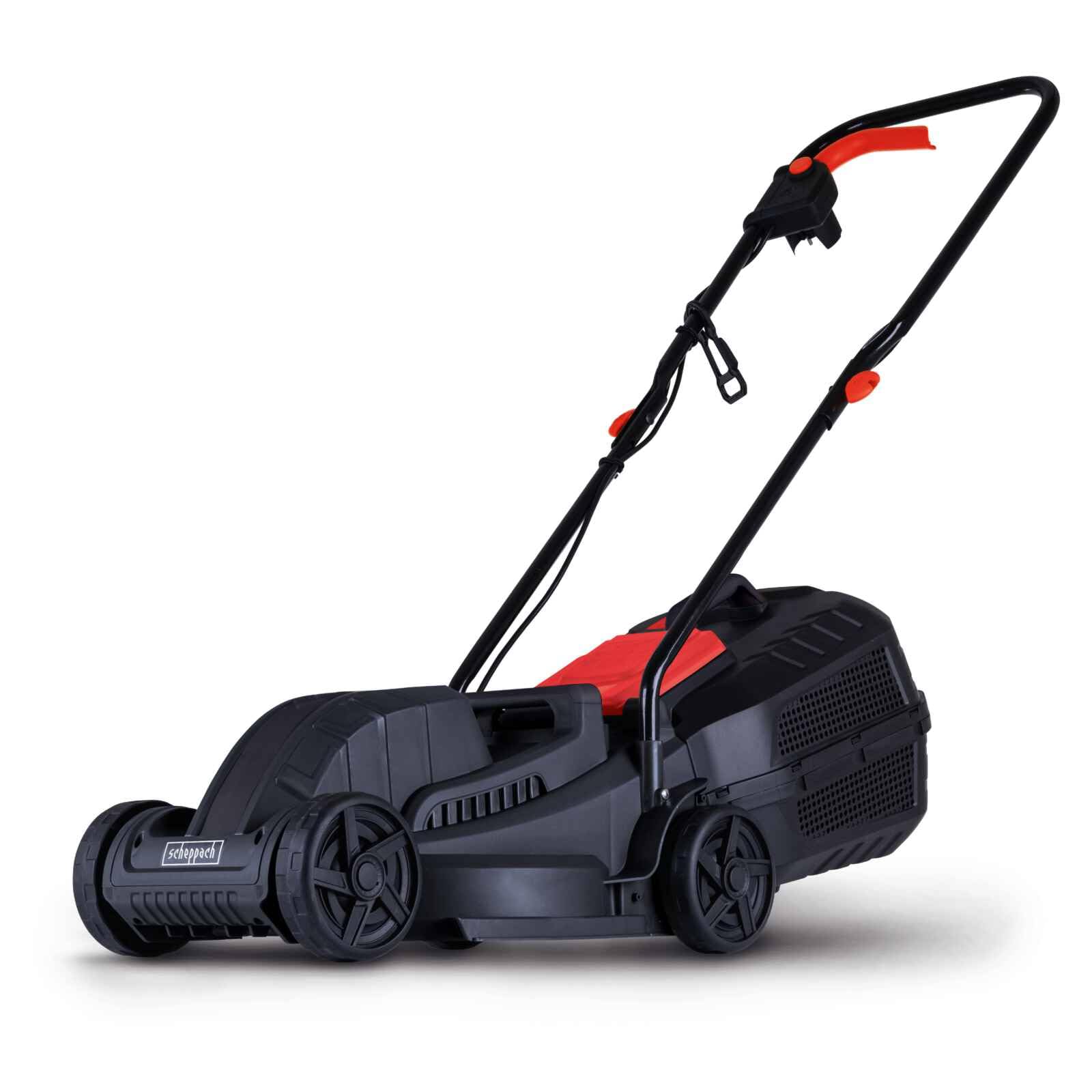 Scheppach Elektro Rasenmäher ELM320 Sichelmäher | Schnittbreite 320mm | Leistung 1300W | für Rasenfächen bis 350m² | Schnitthöhe 20/40/60mm | Fangbox 30L | Klappbarer Griff & Kabel-Zugentlastung