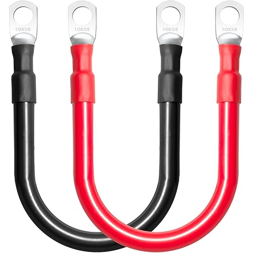 MILAPEAK 1/0 AWG Battery Cables, 1 Foot 1/0 Gauge Marine Battery Inverter Cable Set With 3/8" Terminals Lugs (Positive and Negative) For Solar, Rv, Car, Boat, Motorcycle, Automotive(Black and Red)