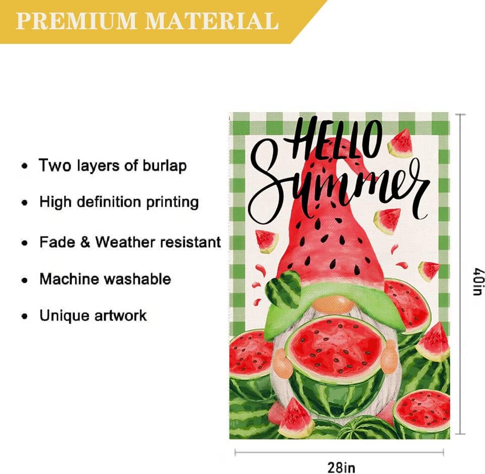 Miniatura 2 de Bandera de casa de sandía de 28 x 40 pulgadas, diseño de gnomo de verano decorativo de doble cara para casa de campo, patio, decoración de temporada