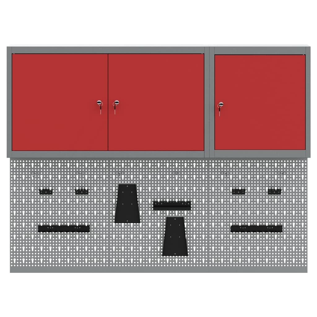 Juego de 5 armarios para herramientas de acero pulverizado, montaje en pared, 150 x 20 x 115 cm, con placas perforadas, estantes metálicos y 3 cerraduras para taller y garaje