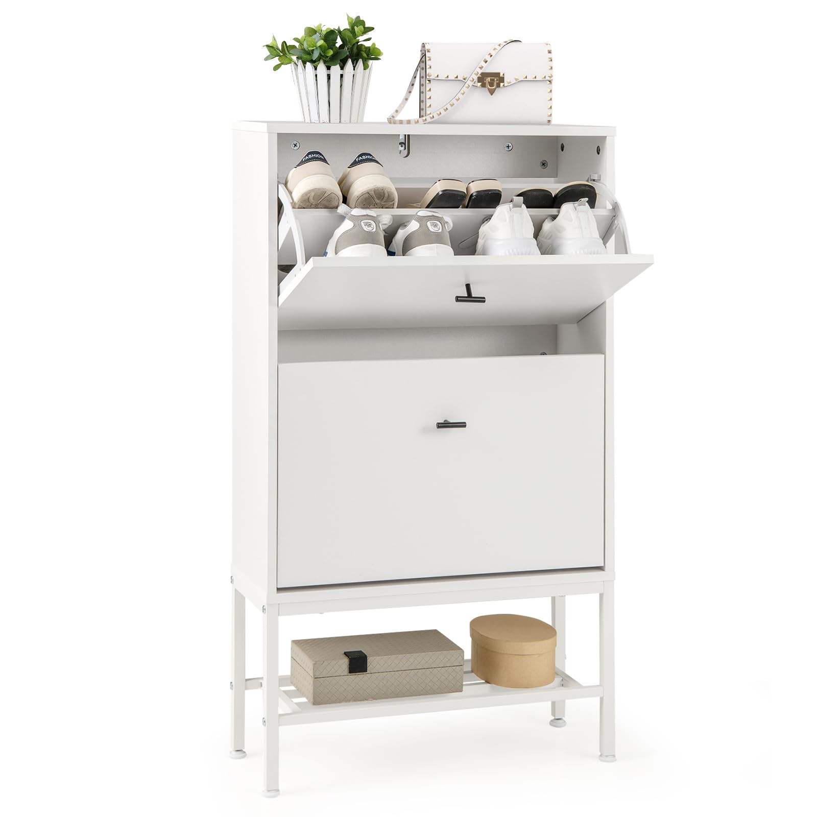 GOPLUS Mueble Zapatero con 2 Cajones y 1 Estante Metálico Inferior, Zapatero Estrecho con Sistema Antivuelco, Patas Ajustables, Armario para Zapatos Moderno, Zapatero Entrada Recibidor (Blanco)