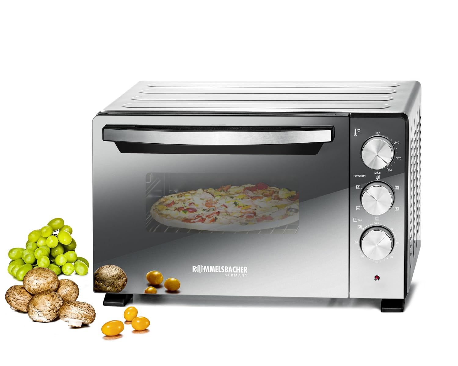 ROMMELSBACHER Back & Grill Ofen BGS 1400 - energiesparend & effizient, 22 Liter Volumen, antihaftbeschichteter Backraum, 6 Heizarten, Drehspieß, 60 Min. Zeitschaltuhr, Doppelverglasung, silber, 1380 W
