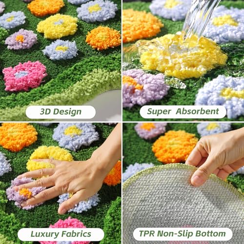 Tapete decorativo verde con diseño floral y base antideslizante miniatura 5