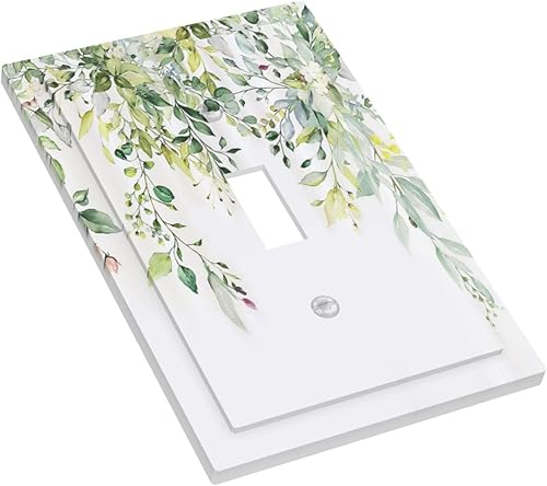 Miniatura 3 de Placas de pared de eucalipto verde de una sola palanca, estilo rústico, cubierta de interruptor de luz de 1 cuadrilla, hojas de árbol, cubiertas
