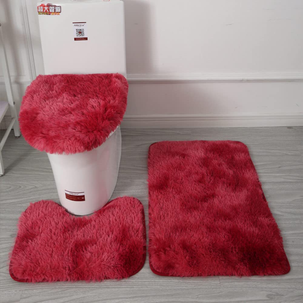 Juego de 3 alfombras de baño teñidas de felpa color rojo vino