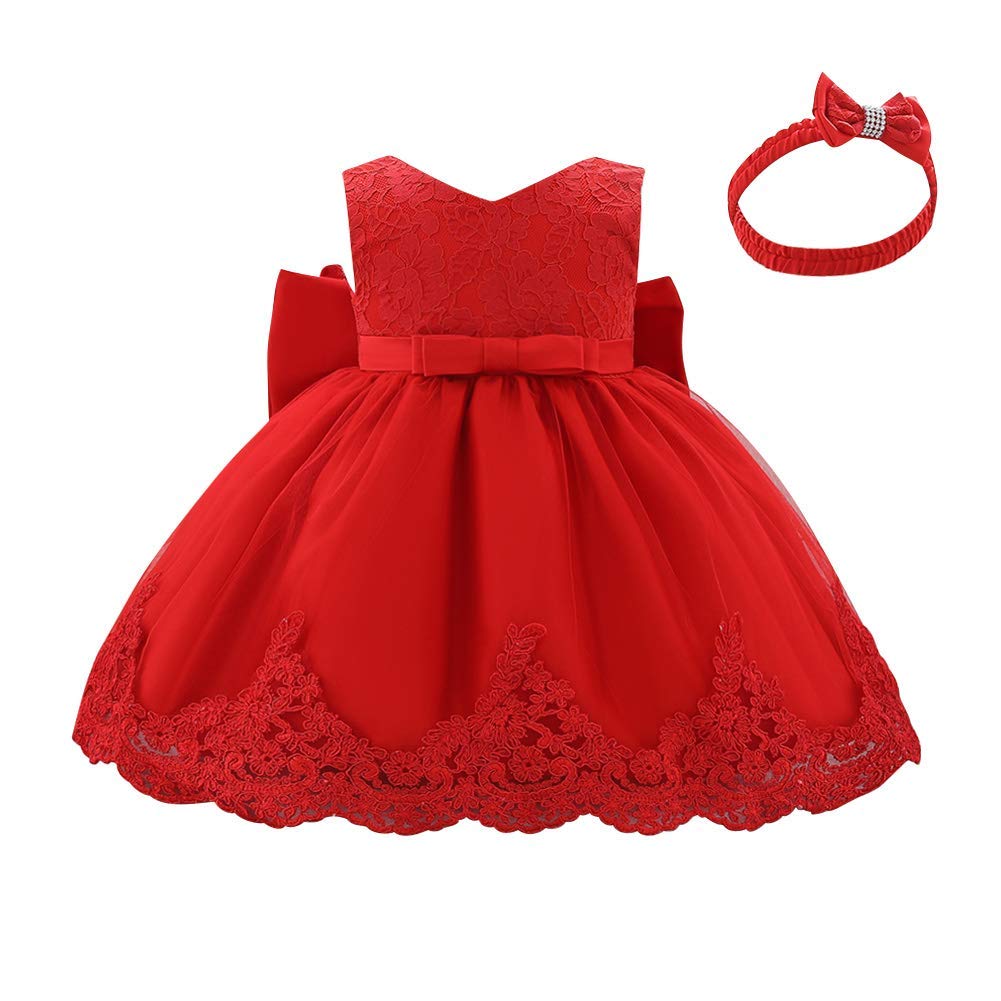 Baby Little Girls Formal Dress Lace Bowknot Baptism Embroidery Tulle Christmas Princess Pageant Party Baptism Birthday Party Wedding Flower Girl Tutu Gown with Headwear Red 18-24 Months